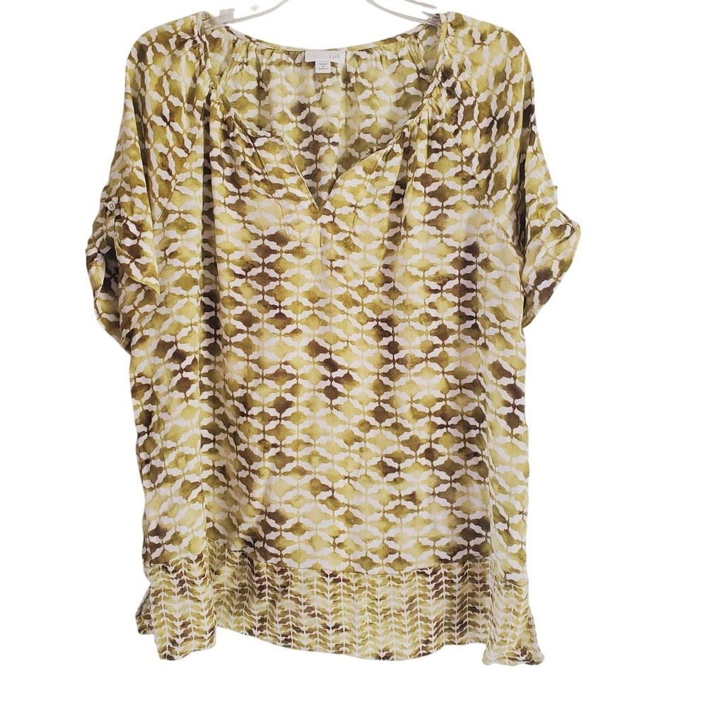 J Jill Blouse Womens 1X Green Geometric Rayon Tunic Roll Tab Sleeve Boho Top‎